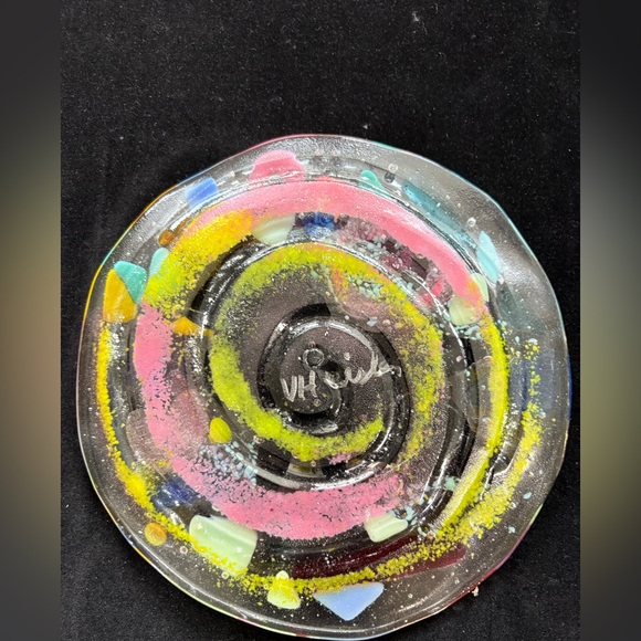 Crow“ Fused Art Glass Round Clear Design Original Handmade 7” Plate - Picture 7 of 10